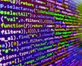 SEO optimization. Letters, chars, and digits. Writing programming code on laptop. Javascript functions, variables, objects. Royalty Free Stock Photo