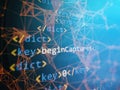SEO optimization. Modern tech. PHP syntax highlighted. Writing programming functions on laptop. Big data and Internet of things