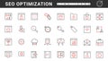 SEO optimization service, social media campaign thin red and black line icons set Royalty Free Stock Photo