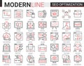 Seo optimization technology complex vector line icons set. Tech analytics website symbols for internet optimizing