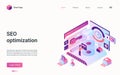 Seo optimization technology isometric landing page, analyst manages business data report
