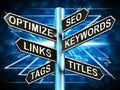 Seo Optimize Keywords Links Signpost Shows Website 3d Illustration