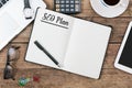 SEO Plan text, office desk with computer technology, high angle Royalty Free Stock Photo