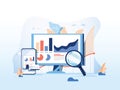 SEO reporting, data monitoring, web traffic analytics, Big data flat vector illustration on blue background.