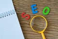 SEO Search engine optimisation concept as colorful alphabet abbr