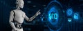 SEO Search engine optimisation digital marketing automation. Robot pressing button on screen 3d render