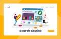 Seo, Search Engine Optimization, Analysis Landing Page Template. Marketing Strategy with Tiny Characters Analyzing Data Royalty Free Stock Photo