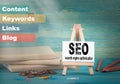 Seo search engine optimization, business and strategic concept. notice board by the books and money, and notifications