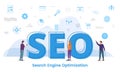 Seo search engine optimization concept with big words and people surrounded by related icon with blue color style Royalty Free Stock Photo
