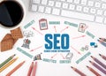 SEO Search Engine Optimization Concept. Chart with keywords and icons Royalty Free Stock Photo