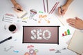 SEO, Search Engine Optimization Concept. The meeting at the whit Royalty Free Stock Photo