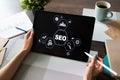 SEO - Search engine optimization. DIgital marketing concept on screen. Royalty Free Stock Photo