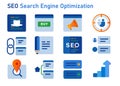 SEO search engine optimization icon set of white hat buy icon user target link building backlink local sitemap and Royalty Free Stock Photo