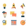 Seo smm business icons. Brainstorming communication campaigns marketing strategy vector symbols flat collection Royalty Free Stock Photo