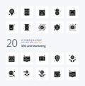 20 Seo Solid Glyph icon Pack. like web. internet. services. globe. payment Royalty Free Stock Photo