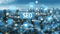 SEO Strategy Concept with Digital Icons Representing Data Mining, Keyword Planning, Best Practices, and Analytics Over Royalty Free Stock Photo