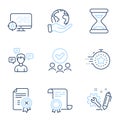 Seo, Time and Engineering icons set. Timer, Reject certificate and Conversation messages signs. Vector