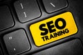 Seo Training - process of improving your website to increase visibility on popular search engines, text button on keyboard