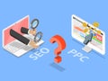 SEO vs PPC flat isometric vector concept.