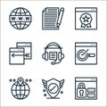 seo web development line icons. linear set. quality vector line set such as web security, shield, globe, web page, headphone,