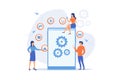 SEO, website, software development. App optimization, programming. Web designers, programmers cartoon characters. Mobile content Royalty Free Stock Photo