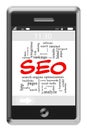 SEO Word Cloud Concept on Touchscreen Phone Royalty Free Stock Photo
