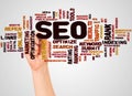 SEO word cloud and hand with marker concept Royalty Free Stock Photo