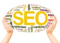 SEO word cloud hand sphere concept Royalty Free Stock Photo