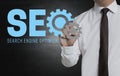SEO is written by businessman on screen Royalty Free Stock Photo
