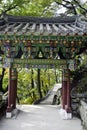 Seongjeongnam Hermitage Gate against autum leaves and stone path