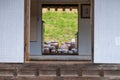 Seosan,South Korea-April 2020: Korean traditional kimchi clay pots view from a traditional house window