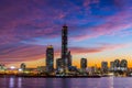 Seoul city Skyscrapers at night along the Hangang River after sunset at twilight and the sky with beautiful colors at yeouido, Royalty Free Stock Photo