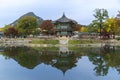 Sunset Hyangwonjeong Pavilion in Gyeongbokgung Palace with Autumn season and mountain