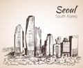 Seoul cityscape, hand drawn - South Korea. Sketch