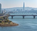 Seoul cityscape with Lotte World Tower skyscraper and Han River in Seoul South Korea