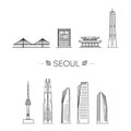 Seoul detailed monuments silhouette. Vector illustration line set. Vector symbols