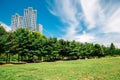 Seoul forest park with modern skyscrapers in Korea