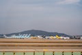 Seoul Incheon airport parking area for Korean Airbus A380 airplanes during coronavirus pandemic lockdown