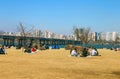 People rest in the Yeouido Island, Hangang River, Seoul