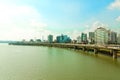 SEOUL, KOREA - AUGUST 14, 2015: Business and residential area near River Han with highway road next to it - Seoul, South Korea