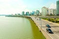 SEOUL, KOREA - AUGUST 14, 2015: Highway road along river Han with business and residential area near it - Seoul, South Korea