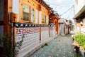 SEOUL, KOREA - AUGUST 09, 2015: Unique traditional houses of residential area at Seochon Hanok Village in Seoul, South Korea Royalty Free Stock Photo