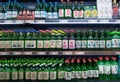 SEOUL, KOREA - MARCH 13, 2017: Soju bottles of various flavors displayed in the supermarket in South Korea