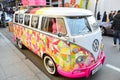Seoul, Korea - March 7, 2015 : vintage white Volkswagen camper bus decorate with colorful sticker parked on street