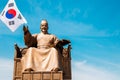 The statue of King Sejong with Korean national flag Taegeukgi in Seoul, Korea Royalty Free Stock Photo