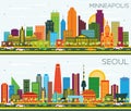 Seoul Korea and Minneapolis Minnesota USA City Skyline with Color Buildings and Blue Sky Royalty Free Stock Photo