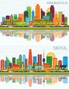 Seoul Korea and Minneapolis Minnesota USA City Skyline with Color Buildings, Blue Sky and Reflections Royalty Free Stock Photo