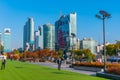 SEOUL, KOREA, NOVEMBER 7, 2019: View of a busy street at Samseong district in Seoul, Republic of Korea