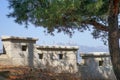 Ity fortress wall, pine trees, mountain view.