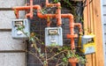 Individual gas meters on the wall of a residential building Royalty Free Stock Photo